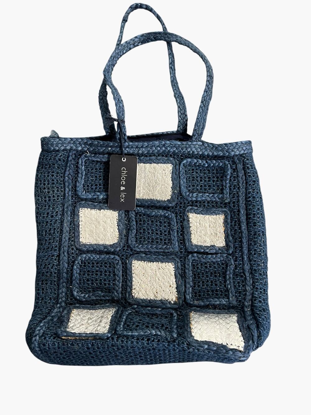 Chole & Lex 100% Jute Woven Squares Tote Bag Navy/Metallic  New With Tag